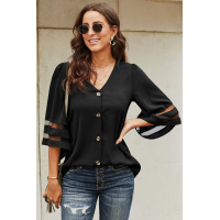 Black Flare Sleeve V Neck Button Up Blouse