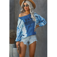 Sky Blue Letter Print Cut-out Tie Dye Lantern Long Sleeve Top