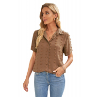 Brown Buttoned Swiss Dot Turn-down Collar Short Sleeve Shirt