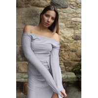 Gray Metallic Glitter Off Shoulder Prom Dress