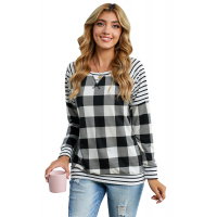 Black Buffalo Plaid Stripe Splicing Long Sleeve Top