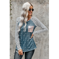 Sequin Pocket Dotted Panel Striped Sleeve Top