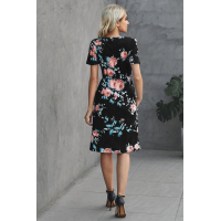 Black Short Sleeve Pocketed Drawstring Casual Floral Dress