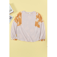 Yellow Striped Floral Splicing Lantern Sleeve Top