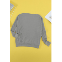 Gray Off Shoulder Ribbed Texture Raglan Long Sleeve Top