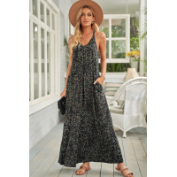 Green Leopard Sleeveless Cut-out Pocketed Maxi Dress