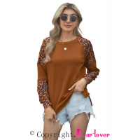 Leopard Print Accent Brown Waffle Long Sleeve Top