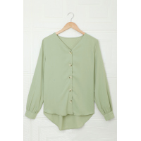 Green Button Up Puff Sleeve Shirt