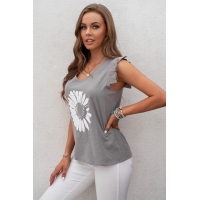 Gray V-Neck Daisy Print Casual Tank Top