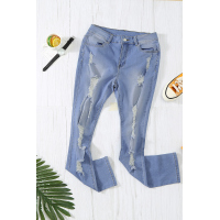 Light Blue Cut Out Distressed Ripped Pockets High Waisted Long Jeans