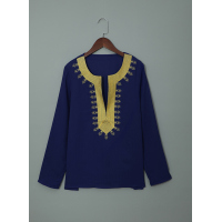 Blue Embroidered Split Neckline Shift Blouse