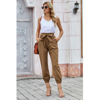 Khaki Solid Color Frock-style Pants with Belt