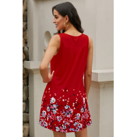 Red Crew Neck A-Line Daily Beach Floral Dress