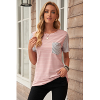 Pink Striped Short Sleeve Contrast Color T-Shirt with Pocket