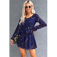 Blue Shimmer Ruffle V Neck Stars Print Long Sleeve Casual Short Dress