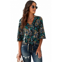 Black Floral Print Button Tie Top