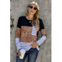 Brown Leopard Striped Patchwork Long Sleeve Top with Pocket