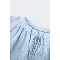 Sky Blue V Neck Lantern Sleeve Textured Solid Top