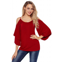 Burgundy Layered Sleeves Ruffled Off Shoulder Blouse