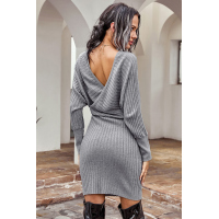 Gray Wrap V Neck Batwing Sleeves Ribbed Sweater Dress