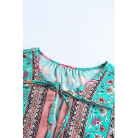 Green V Cut Neck Floral Lantern Sleeve Blouse