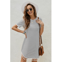 Crew Neck Striped T-shirt Mini Dress with Tassel