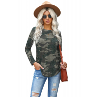 Green Camo Print Long Sleeve Top