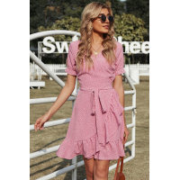 Pink Bohemian Dotted Print Wrap V Neck Ruffled Mini Dress