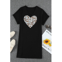 Heart-shape Leopard Print V Neck T-shirt Dress