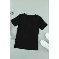 Black Buttoned Ribbed Knit Short Sleeve Top