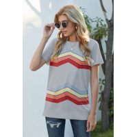 Gray Colorful Wavy Stripes Print Short Sleeve Tee