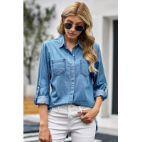 Roll up Long Sleeves Frayed Hem Denim Shirt