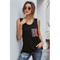 Black Casual Women Tank Top with Multicolor Pocket