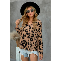 Brown Casual Leopard Print Long Sleeves T-shirt