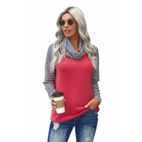 Blue Cowl Neck Stripe Splice Casual Long Sleeve Top