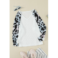 White Leopard Sleeve V Neck Waffle Top