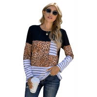 Brown Leopard Striped Patchwork Long Sleeve Top with Pocket