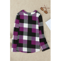 Purple Contrast Plaid V Neck Long Sleeve Top