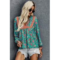 Green V Cut Neck Floral Lantern Sleeve Blouse