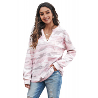 Pink Split Neck Camo Thermal Knit Top