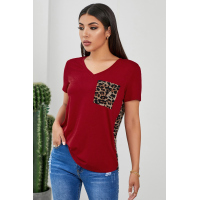 Red Leopard Printed Splicing T-Shirt