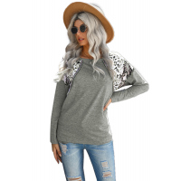 Gray Long Sleeve Top With Leopard Snakeskin Print