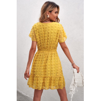 Yellow Polka Dot V Neck Ruffled Short Sleeves Mini Dress