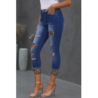 Distressed Leopard Patches Blue Skinny Jeans