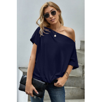 Blue Off-The-Shoulder Slash Neck Casual Loose Fitting Top