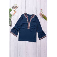 Blue Boho Floral V Neck Long Sleeve Casual Top