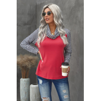 Blue Cowl Neck Stripe Splice Casual Long Sleeve Top