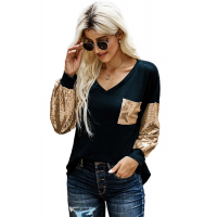 Sequin Splicing Black V Neck Bishop Sleeves Top