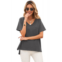 Gray V Neck Short Sleeves Cotton Blend Tee with Front Pocket and Side Slits