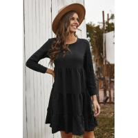 Black Long Sleeve Babydoll Ruffled Mini Dress